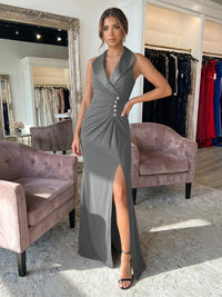 Sheath/Column Satin Halter Tuxedo Lapel V-Neck Evening Dresses Maxi Ruched Waist Formal Gowns with High Slit