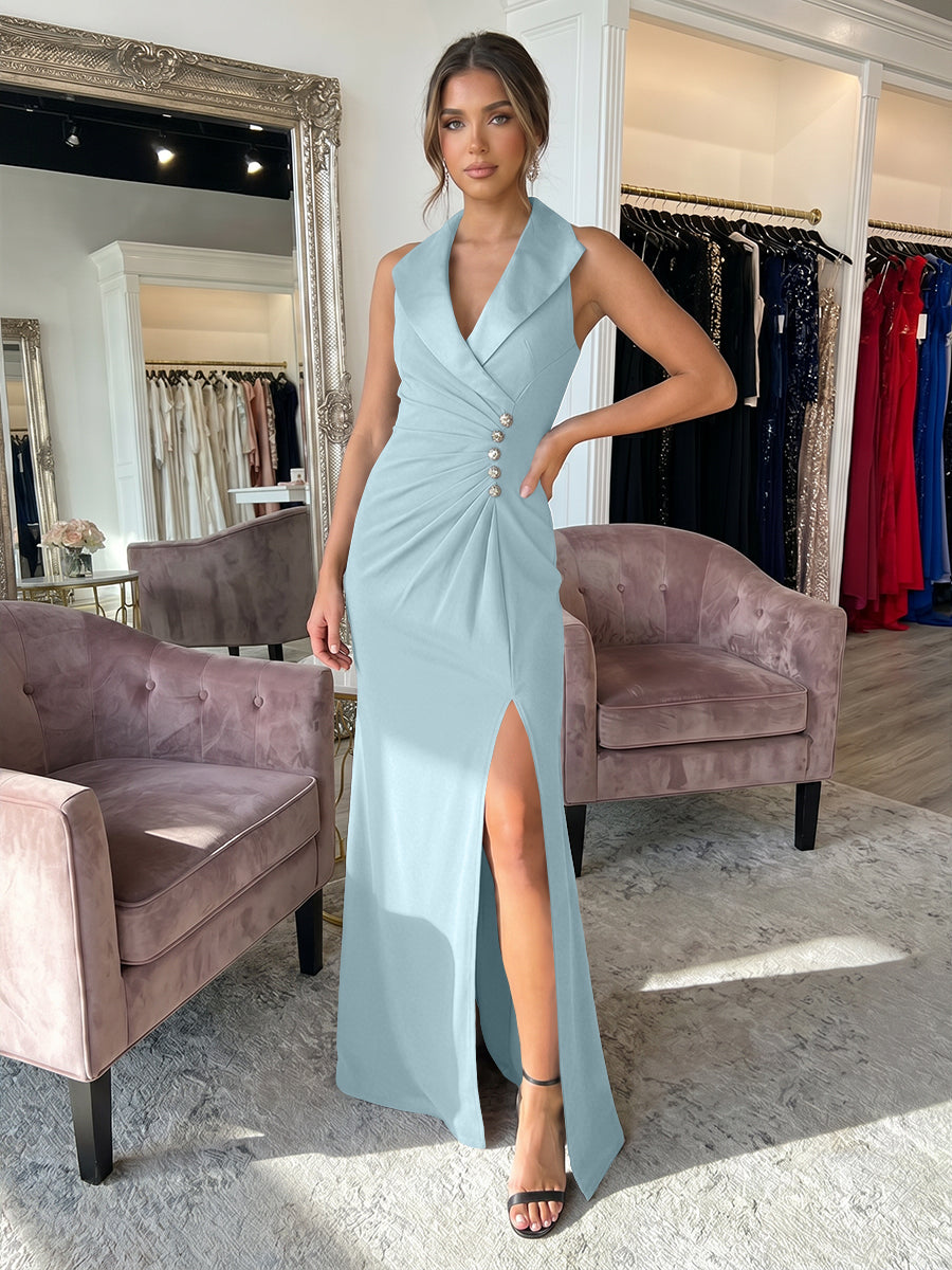 Sheath/Column Satin Halter Tuxedo Lapel V-Neck Evening Dresses Maxi Ruched Waist Formal Gowns with High Slit