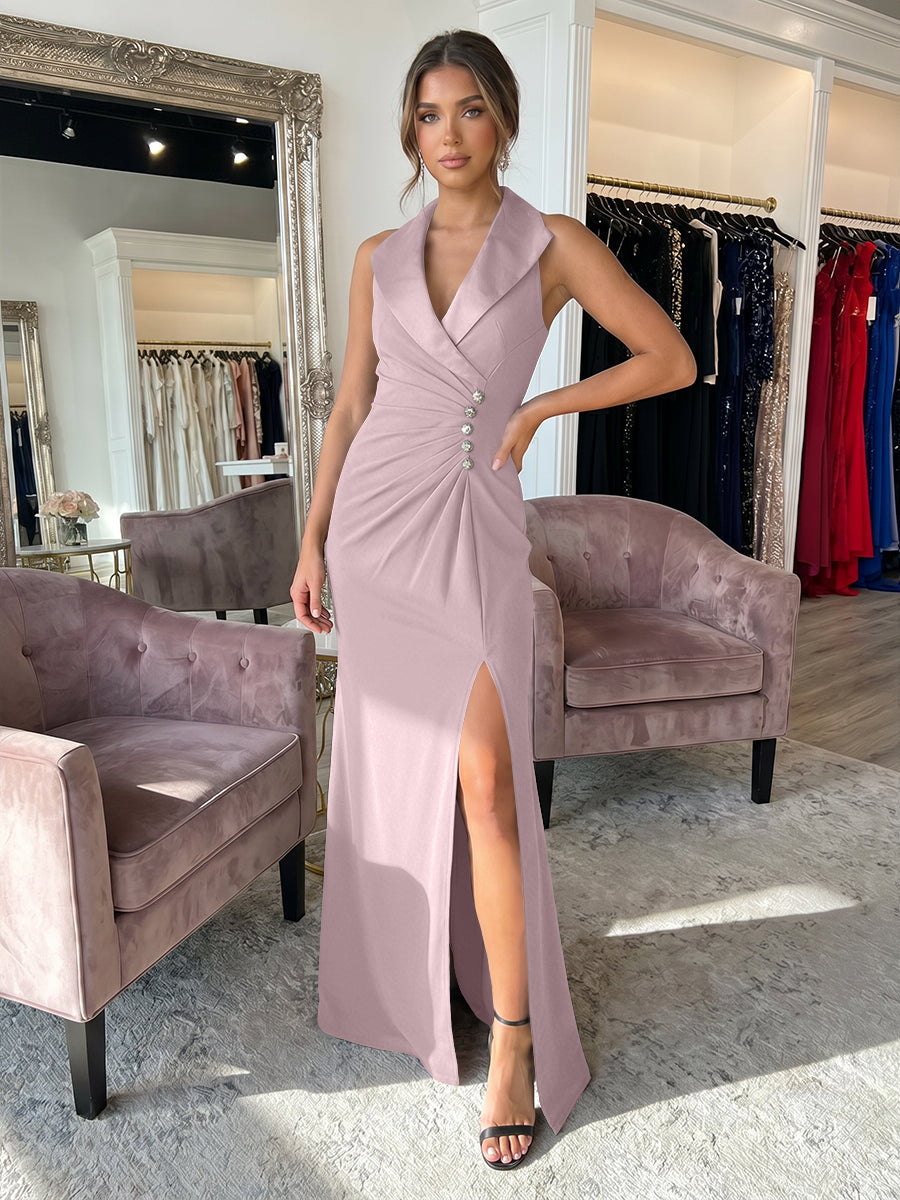 Sheath/Column Satin Halter Tuxedo Lapel V-Neck Evening Dresses Maxi Ruched Waist Formal Gowns with High Slit
