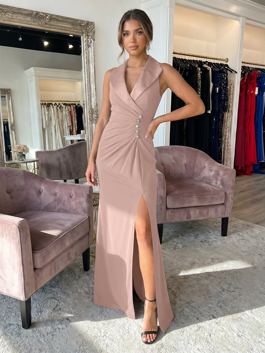 Sheath/Column Satin Halter Tuxedo Lapel V-Neck Evening Dresses Maxi Ruched Waist Formal Gowns with High Slit
