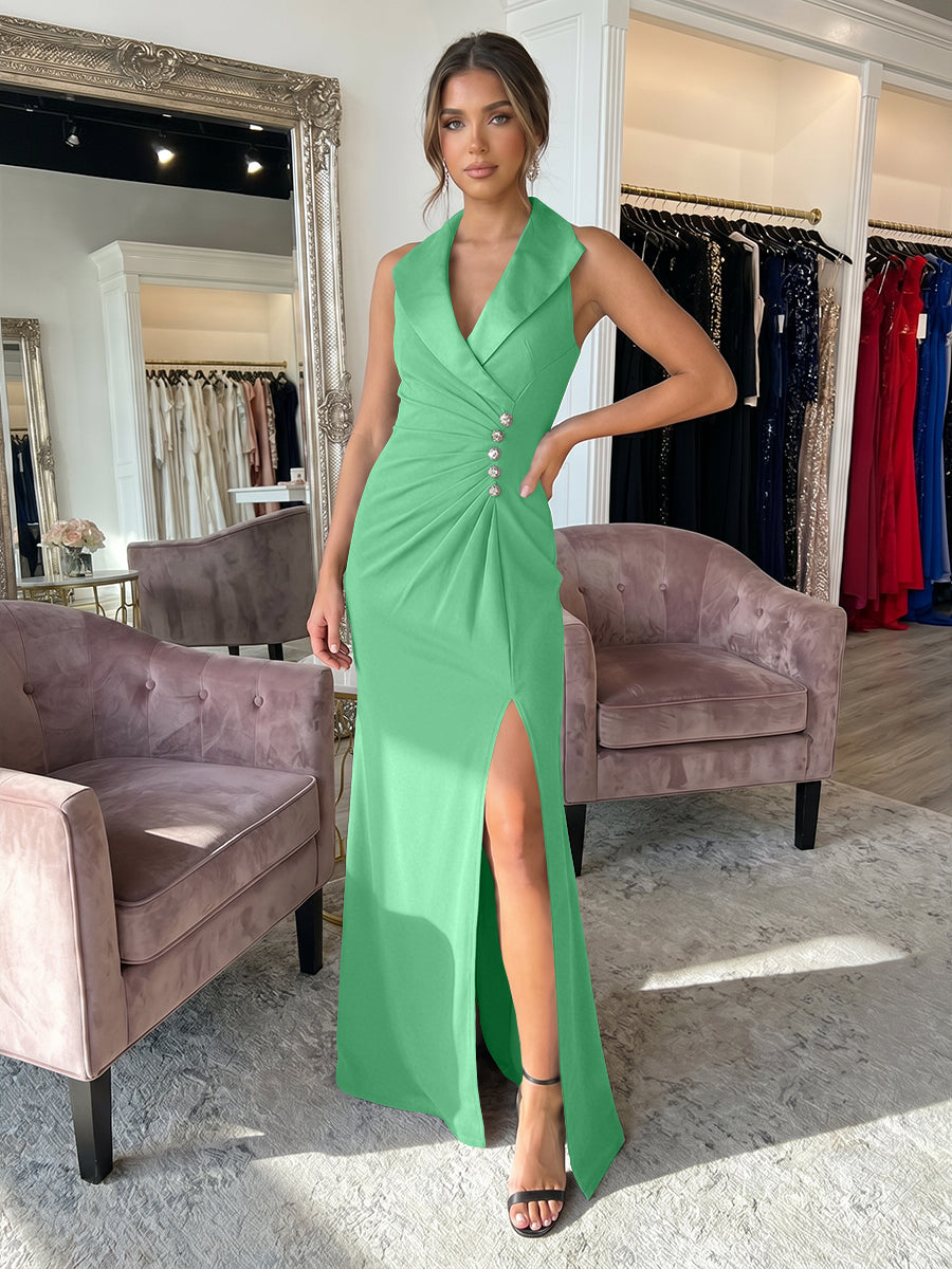 Sheath/Column Satin Halter Tuxedo Lapel V-Neck Evening Dresses Maxi Ruched Waist Formal Gowns with High Slit