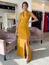 Sheath/Column Satin Halter Tuxedo Lapel V-Neck Evening Dresses Maxi Ruched Waist Formal Gowns with High Slit
