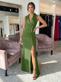 Sheath/Column Satin Halter Tuxedo Lapel V-Neck Evening Dresses Maxi Ruched Waist Formal Gowns with High Slit