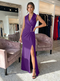 Sheath/Column Satin Halter Tuxedo Lapel V-Neck Evening Dresses Maxi Ruched Waist Formal Gowns with High Slit