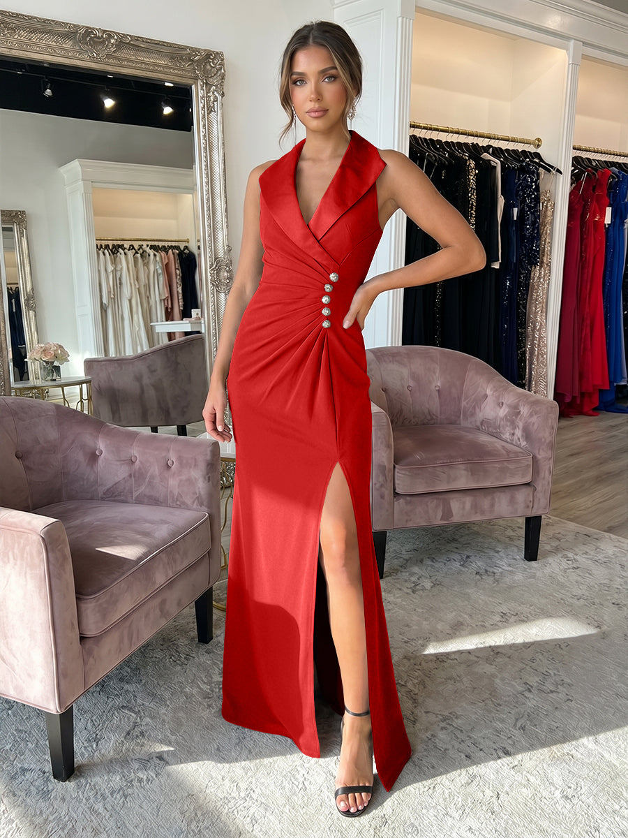 Sheath/Column Satin Halter Tuxedo Lapel V-Neck Evening Dresses Maxi Ruched Waist Formal Gowns with High Slit