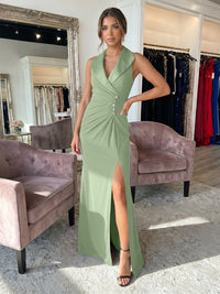 Sheath/Column Satin Halter Tuxedo Lapel V-Neck Evening Dresses Maxi Ruched Waist Formal Gowns with High Slit