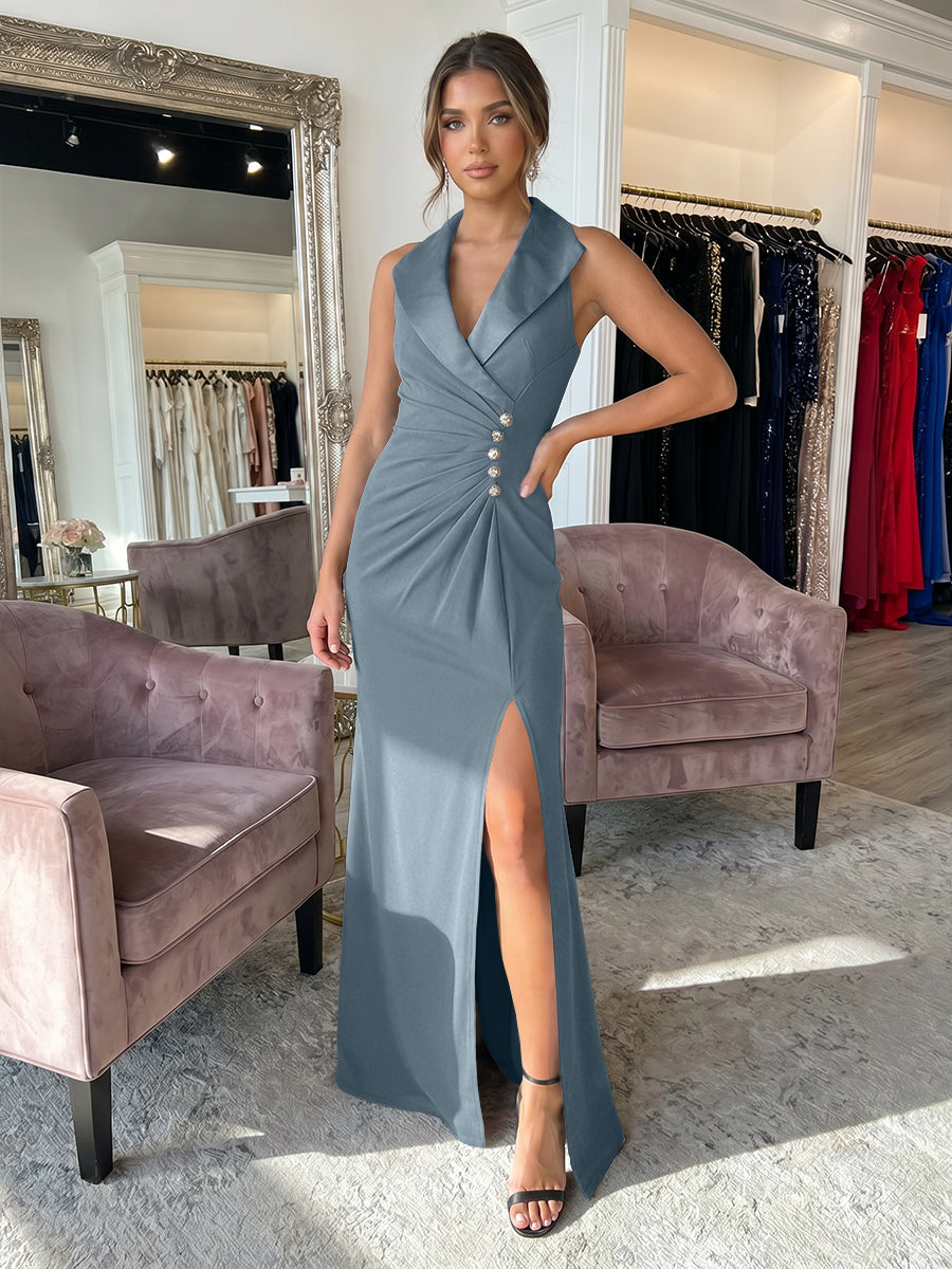 Sheath/Column Satin Halter Tuxedo Lapel V-Neck Evening Dresses Maxi Ruched Waist Formal Gowns with High Slit