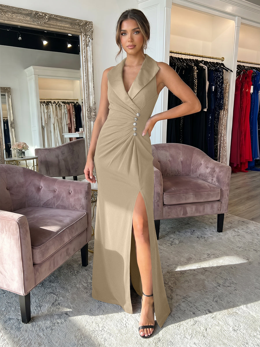 Sheath/Column Satin Halter Tuxedo Lapel V-Neck Evening Dresses Maxi Ruched Waist Formal Gowns with High Slit