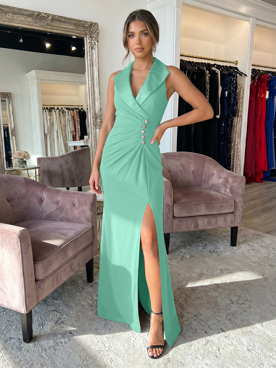 Sheath/Column Satin Halter Tuxedo Lapel V-Neck Evening Dresses Maxi Ruched Waist Formal Gowns with High Slit