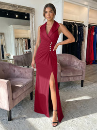 Sheath/Column Satin Halter Tuxedo Lapel V-Neck Evening Dresses Maxi Ruched Waist Formal Gowns with High Slit