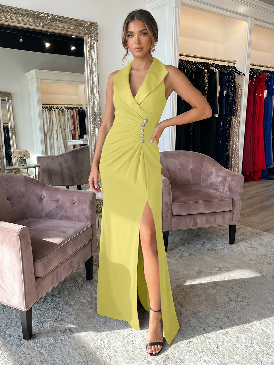 Sheath/Column Satin Halter Tuxedo Lapel V-Neck Evening Dresses Maxi Ruched Waist Formal Gowns with High Slit