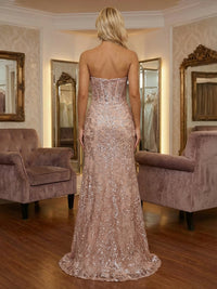 Sheath/Column Strapless Corset Tulle Evening Dresses Maxi Formal Gown with Floral Lace Appliques, Sweep Train & High Slit