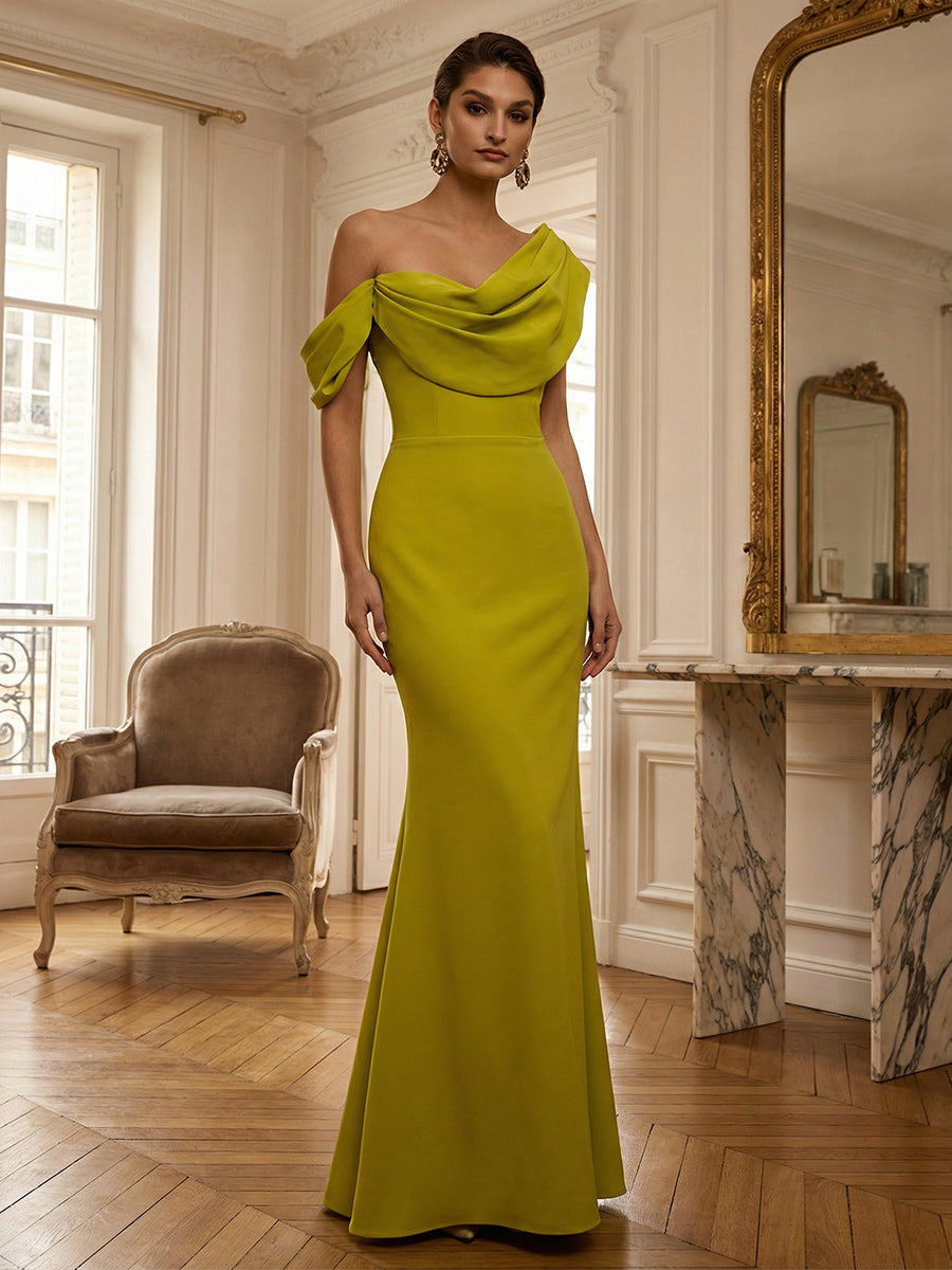Sheath/Column Off Shoulder Draped Neck Long Evening Dresses Satin Formal Gowns