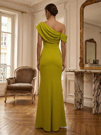 Sheath/Column Off Shoulder Draped Neck Long Evening Dresses Satin Formal Gowns