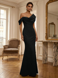 Sheath/Column Off Shoulder Draped Neck Long Evening Dresses Satin Formal Gowns