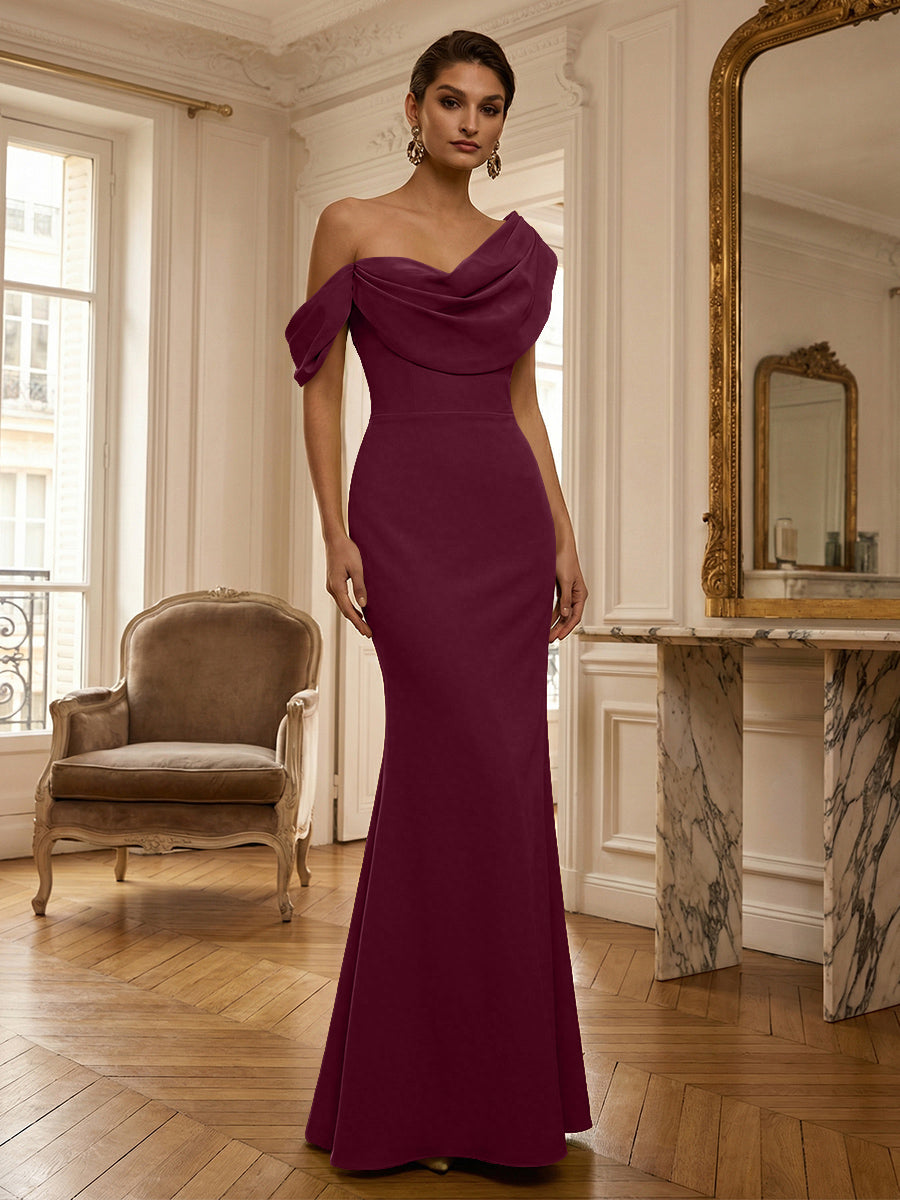 Sheath/Column Off Shoulder Draped Neck Long Evening Dresses Satin Formal Gowns
