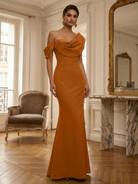 Sheath/Column Off Shoulder Draped Neck Long Evening Dresses Satin Formal Gowns