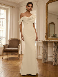 Sheath/Column Off Shoulder Draped Neck Long Evening Dresses Satin Formal Gowns