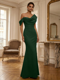 Sheath/Column Off Shoulder Draped Neck Long Evening Dresses Satin Formal Gowns