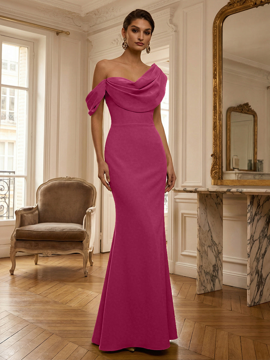 Sheath/Column Off Shoulder Draped Neck Long Evening Dresses Satin Formal Gowns