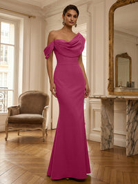 Sheath/Column Off Shoulder Draped Neck Long Evening Dresses Satin Formal Gowns