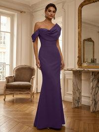 Sheath/Column Off Shoulder Draped Neck Long Evening Dresses Satin Formal Gowns