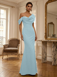 Sheath/Column Off Shoulder Draped Neck Long Evening Dresses Satin Formal Gowns