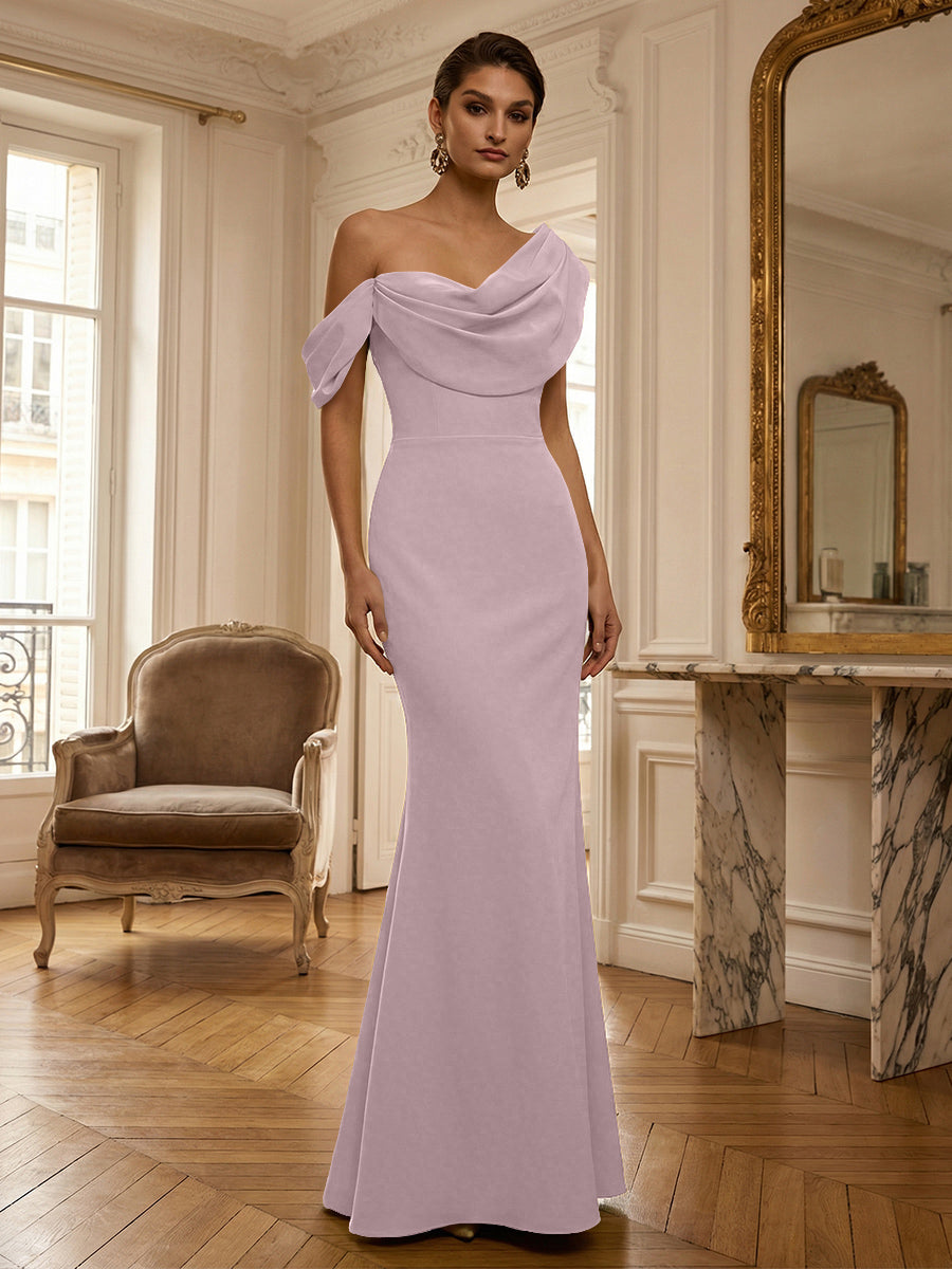 Sheath/Column Off Shoulder Draped Neck Long Evening Dresses Satin Formal Gowns