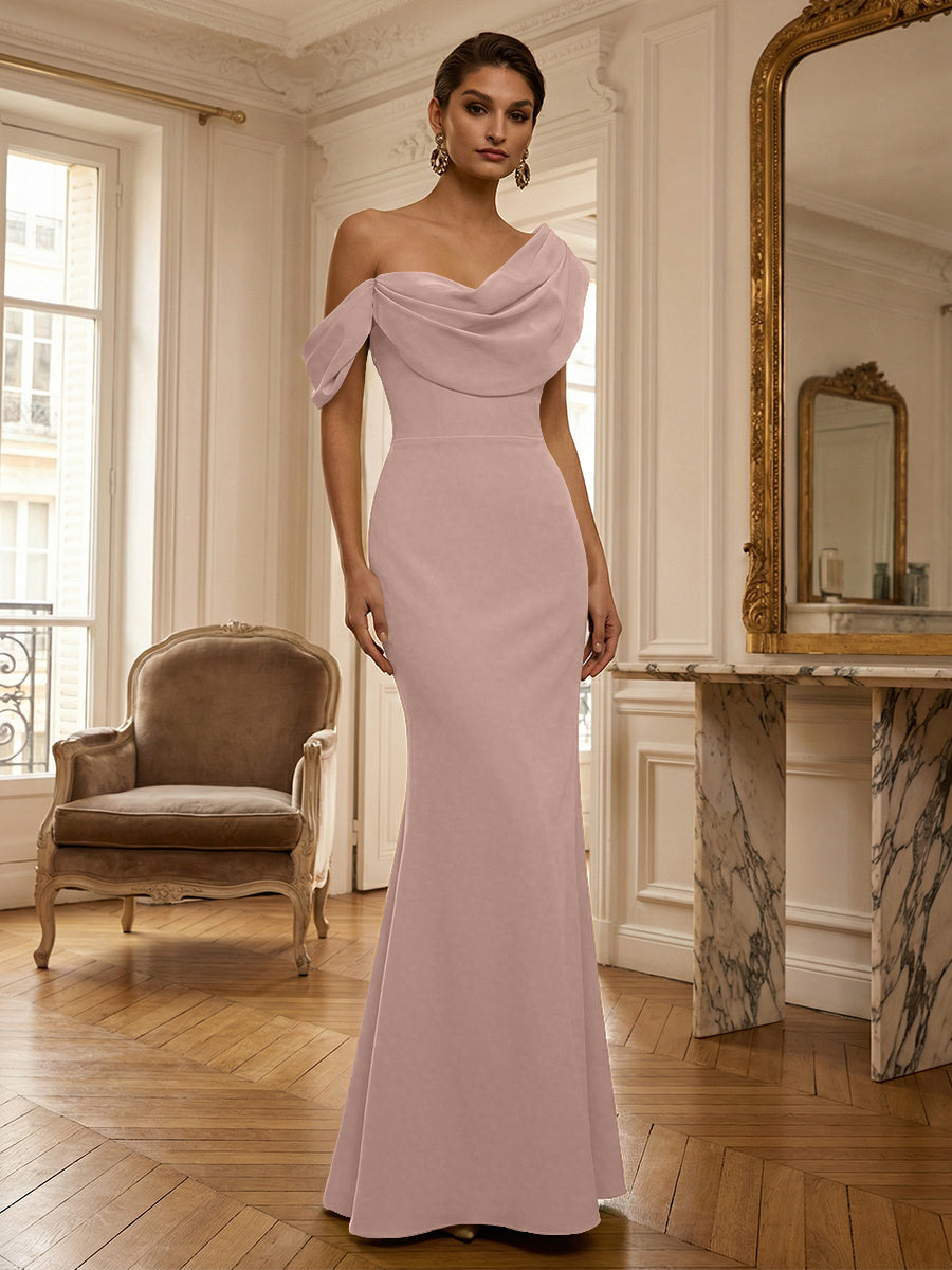 Sheath/Column Off Shoulder Draped Neck Long Evening Dresses Satin Formal Gowns