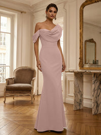 Sheath/Column Off Shoulder Draped Neck Long Evening Dresses Satin Formal Gowns