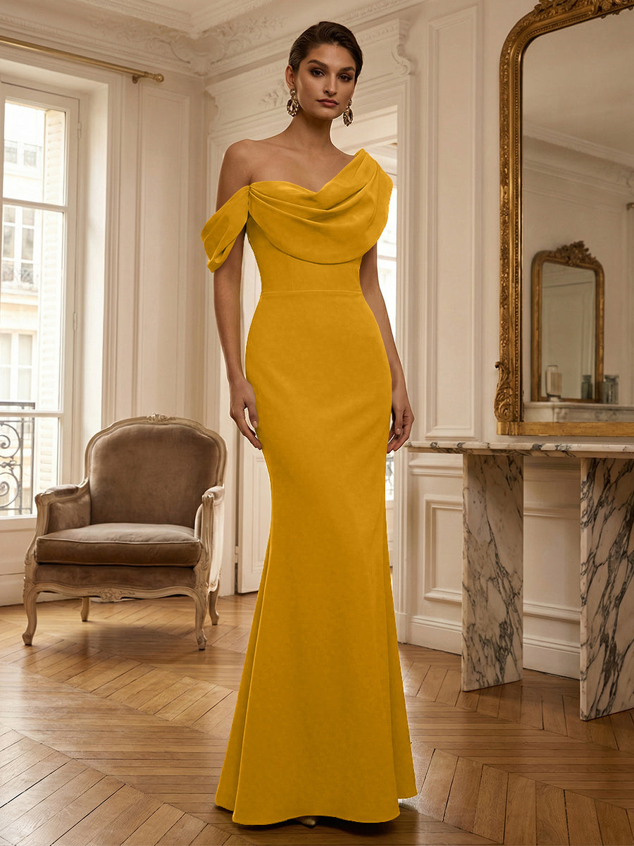 Sheath/Column Off Shoulder Draped Neck Long Evening Dresses Satin Formal Gowns