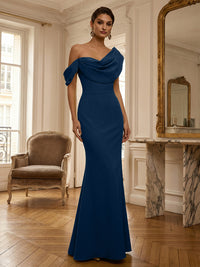 Sheath/Column Off Shoulder Draped Neck Long Evening Dresses Satin Formal Gowns