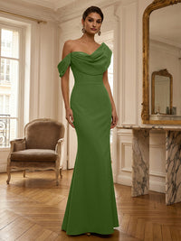 Sheath/Column Off Shoulder Draped Neck Long Evening Dresses Satin Formal Gowns