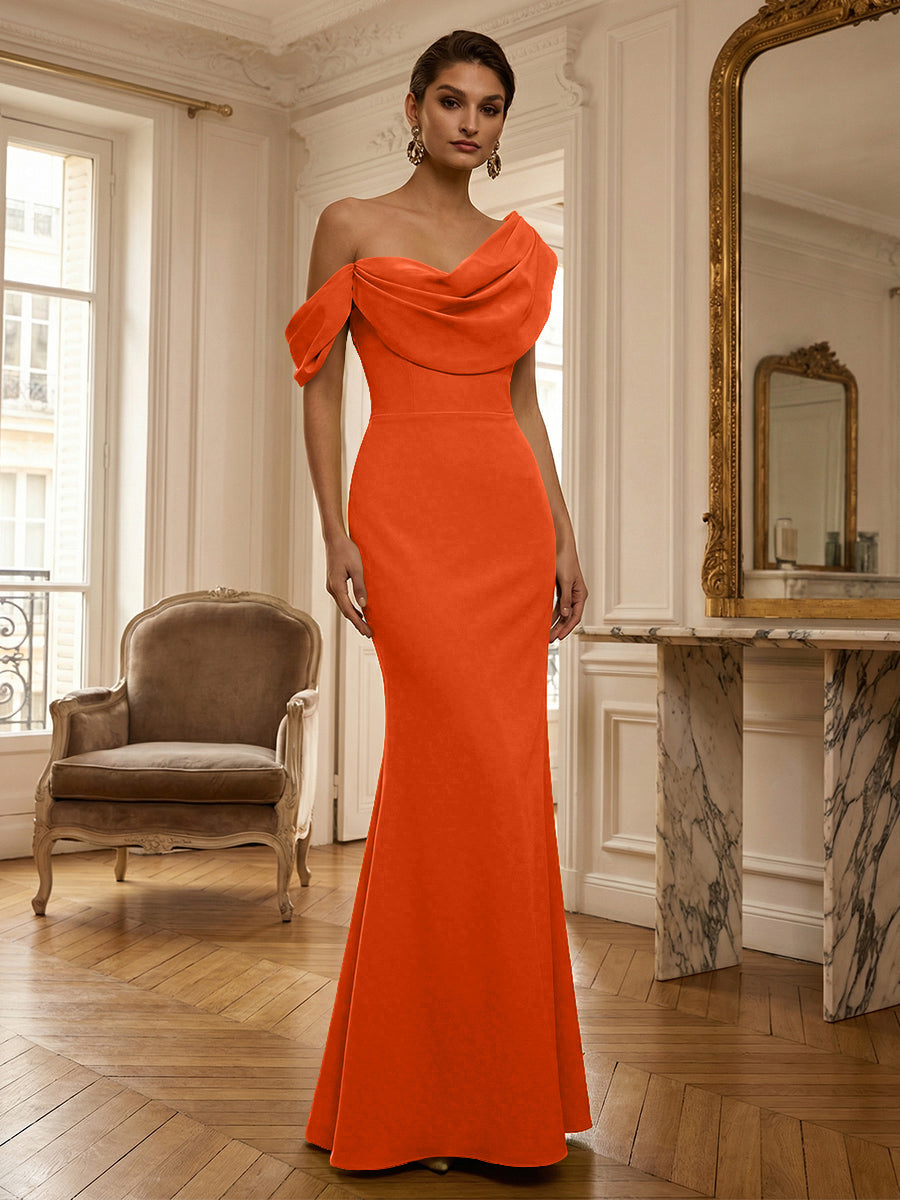 Sheath/Column Off Shoulder Draped Neck Long Evening Dresses Satin Formal Gowns