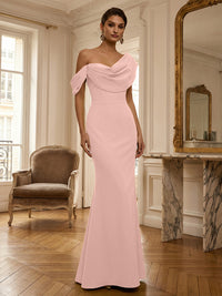 Sheath/Column Off Shoulder Draped Neck Long Evening Dresses Satin Formal Gowns