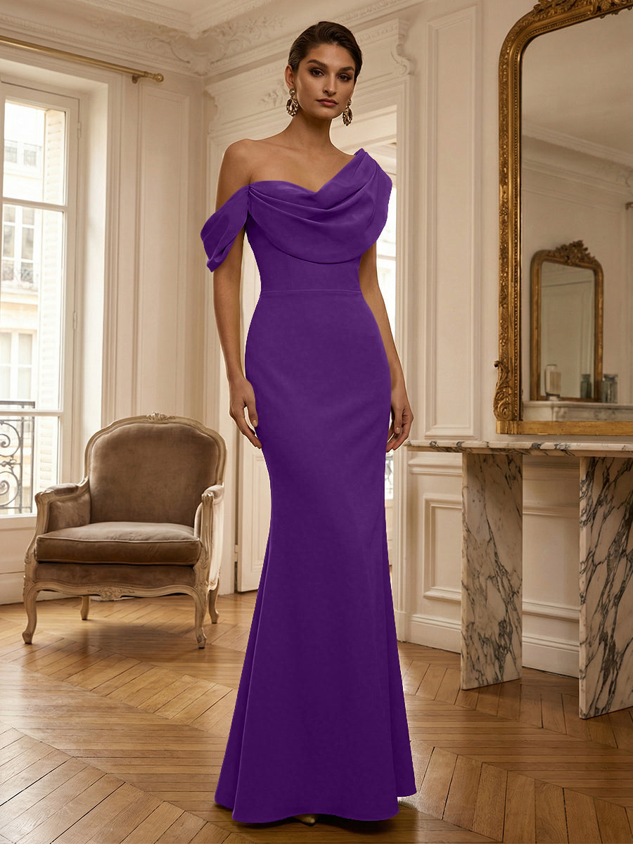 Sheath/Column Off Shoulder Draped Neck Long Evening Dresses Satin Formal Gowns