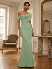 Sheath/Column Off Shoulder Draped Neck Long Evening Dresses Satin Formal Gowns
