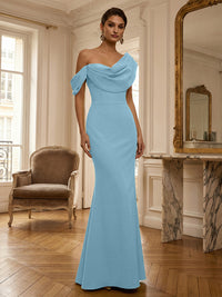 Sheath/Column Off Shoulder Draped Neck Long Evening Dresses Satin Formal Gowns
