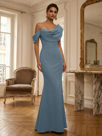 Sheath/Column Off Shoulder Draped Neck Long Evening Dresses Satin Formal Gowns