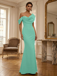 Sheath/Column Off Shoulder Draped Neck Long Evening Dresses Satin Formal Gowns