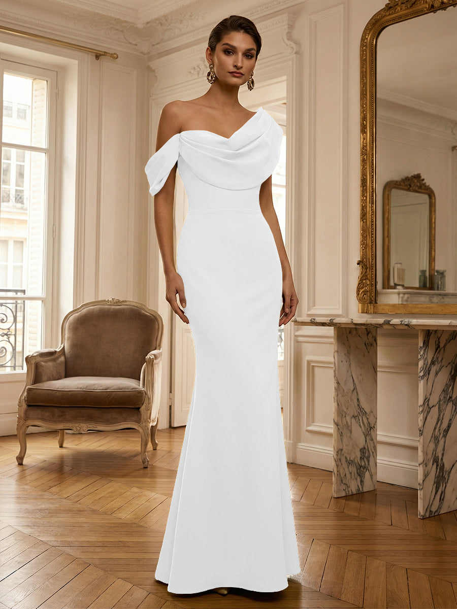Sheath/Column Off Shoulder Draped Neck Long Evening Dresses Satin Formal Gowns