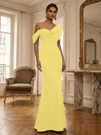 Sheath/Column Off Shoulder Draped Neck Long Evening Dresses Satin Formal Gowns