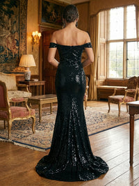 Mermaid/Trumpet Sparkly Sequin Off Shoulder Long Evening Dresses with Sweep Train