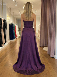 Sheath/Column Strapless Ruched Waist Long Evening Dresses Satin Formal Gowns with Slit & Sweep Strain