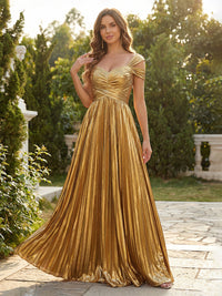 Metallic Satin Pleated Off Shoulder Sweetheart Evening Dresses Floor-Length Formal Gowns