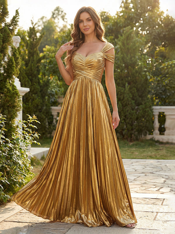 Metallic Satin Pleated Off Shoulder Sweetheart Evening Dresses Floor-Length Formal Gowns