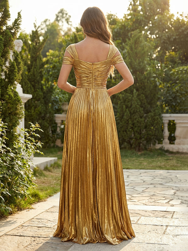 Metallic Satin Pleated Off Shoulder Sweetheart Evening Dresses Floor-Length Formal Gowns