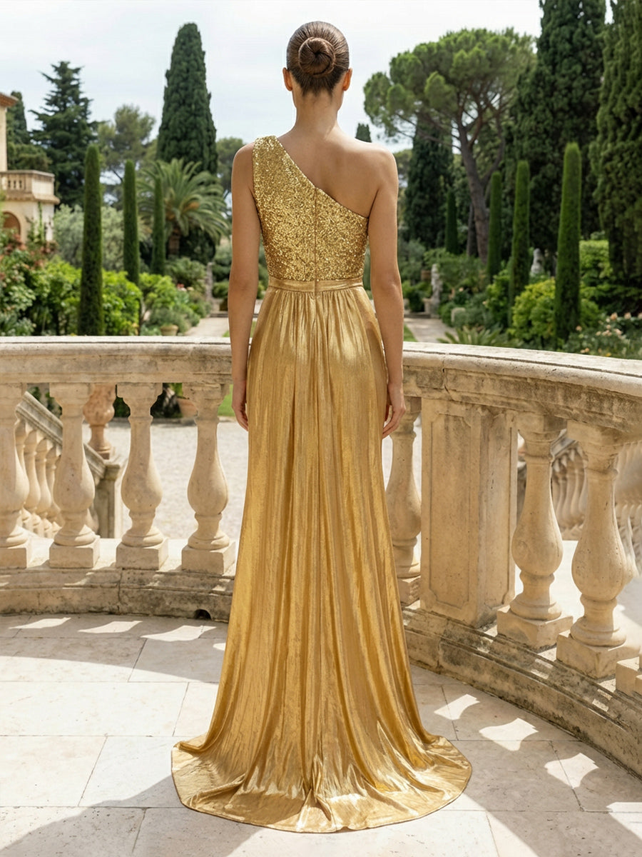 Sparkly Sequin Satin One Shoulder Evening Dresses Floor-Length Formal Party Gowns with High Slit