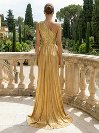 Sparkly Sequin Satin One Shoulder Evening Dresses Floor-Length Formal Party Gowns with High Slit
