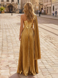 Metallic Satin Pleated One Shoulder Evening Dresses Floor-Length Formal Gowns